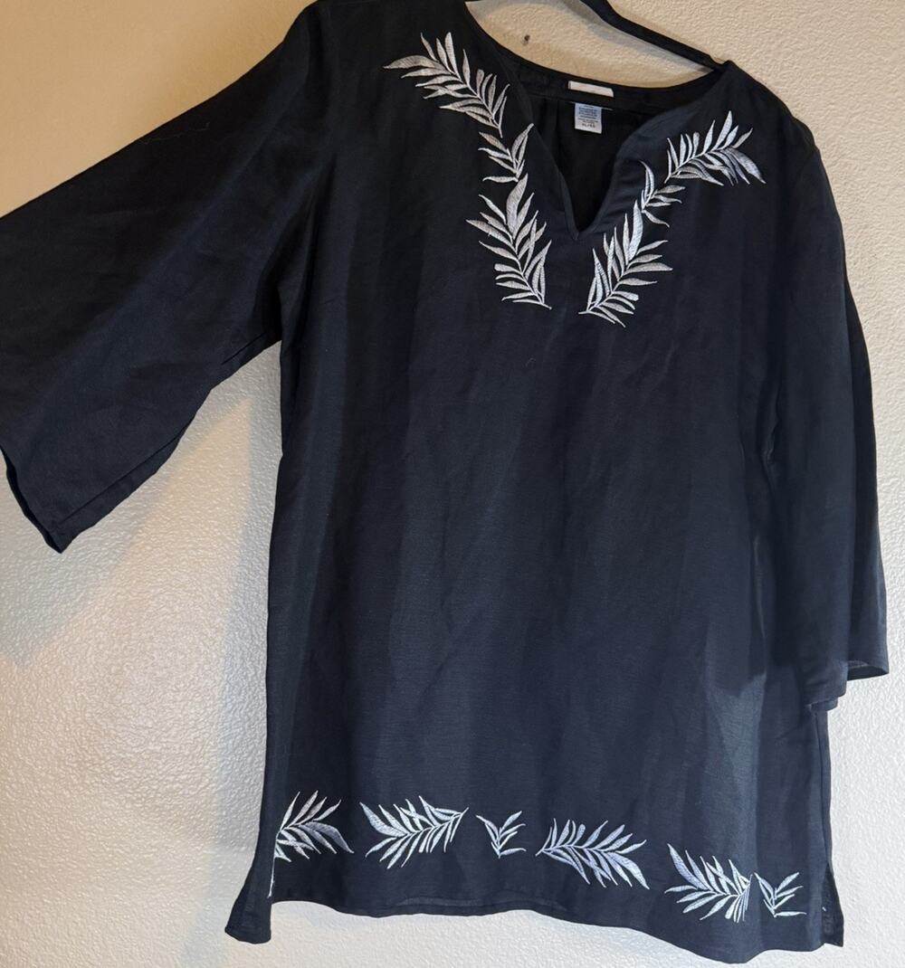 Jaclyn Smith XL Black Embroidered Linen Blend 3/4 Sleeve Tunic Blouse